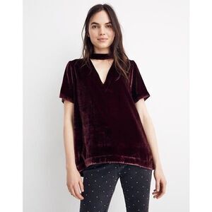 Madewell Blouse Women's XS Velvet Burgundy Choker V Neck Top